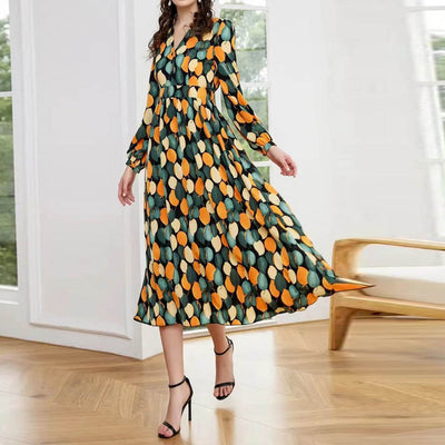 Women's V-neck Printed Long-sleeved Mid-skirt High Waist Button Dress