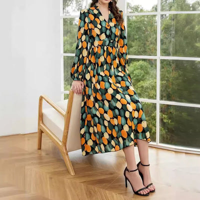 Women's V-neck Printed Long-sleeved Mid-skirt High Waist Button Dress