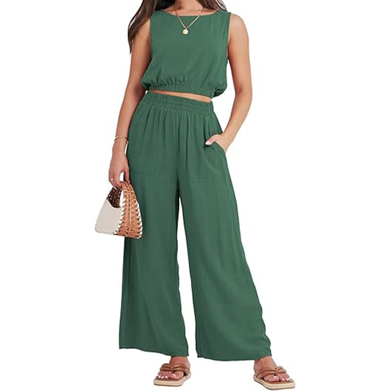 Casual Round Neck Sleeveless Elastic Lower Hem High Waist Wide Leg Two-piece Set