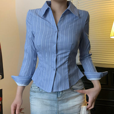 Striped Lapel Shirt European And American Fashion Women's Slim Top