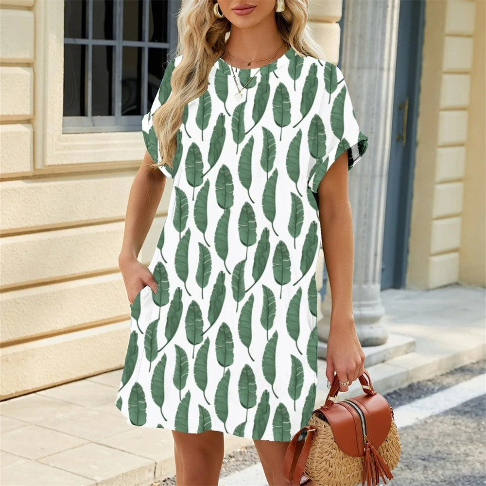 Loose Round Neck Short Sleeve Printed Dress