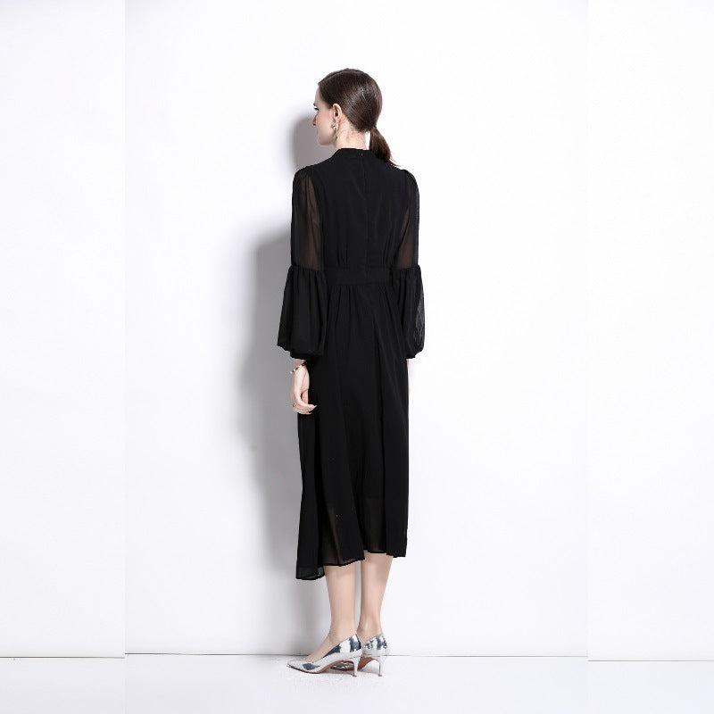 Heavy Industry Metal Buckle Pleated Stitching Puff Sleeve Waist-controlled Large Hem Temperament Long Dress