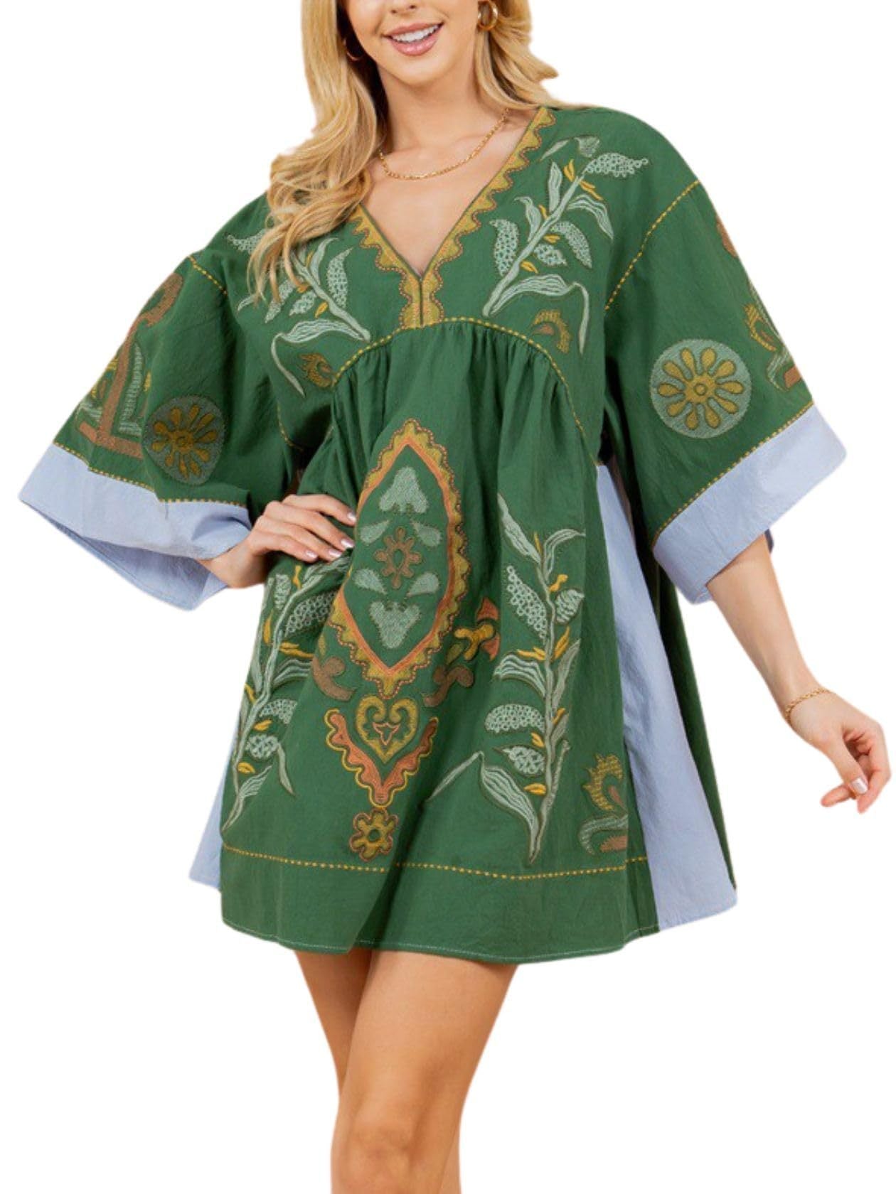 Women's Floral Printed 34 Sleeves V-neck Dress