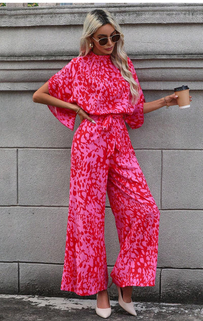 Whole Body Printed Batwing Sleeve Series Belt Jumpsuit