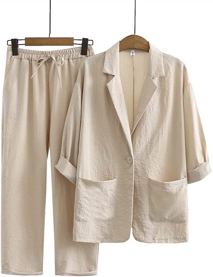 Women's Cotton Linen Coat Pants Fall Loose Fashion Suit