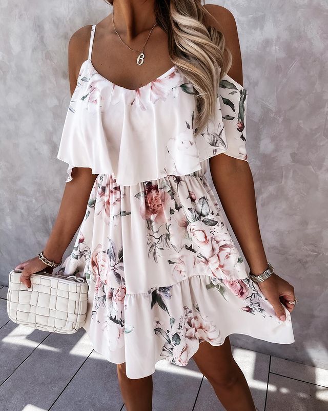 Spaghetti-strap Floral Print Elastic Waist New Loose Dress