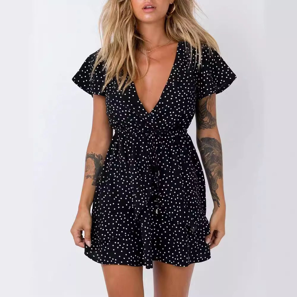 V-neck Polka Dot Waist Slimming Dress