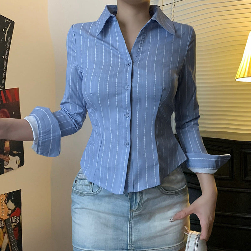 Striped Lapel Shirt European And American Fashion Women's Slim Top