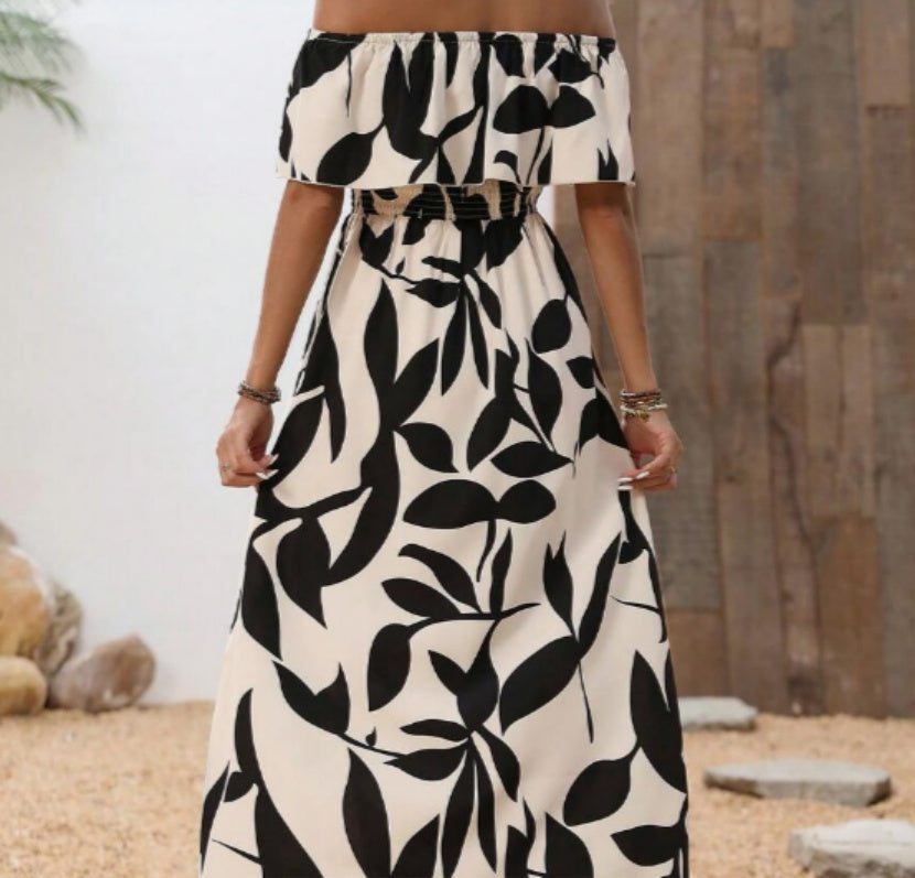 Summer Botanical Print Off-the-shoulder Split Dress