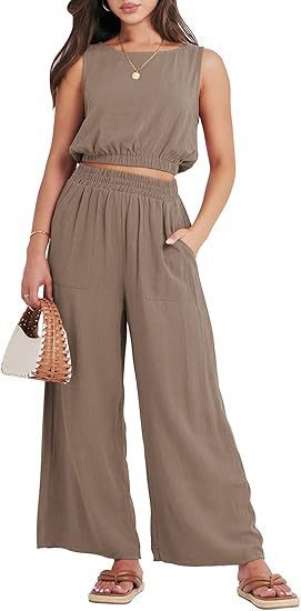 Casual Round Neck Sleeveless Elastic Lower Hem High Waist Wide Leg Two-piece Set