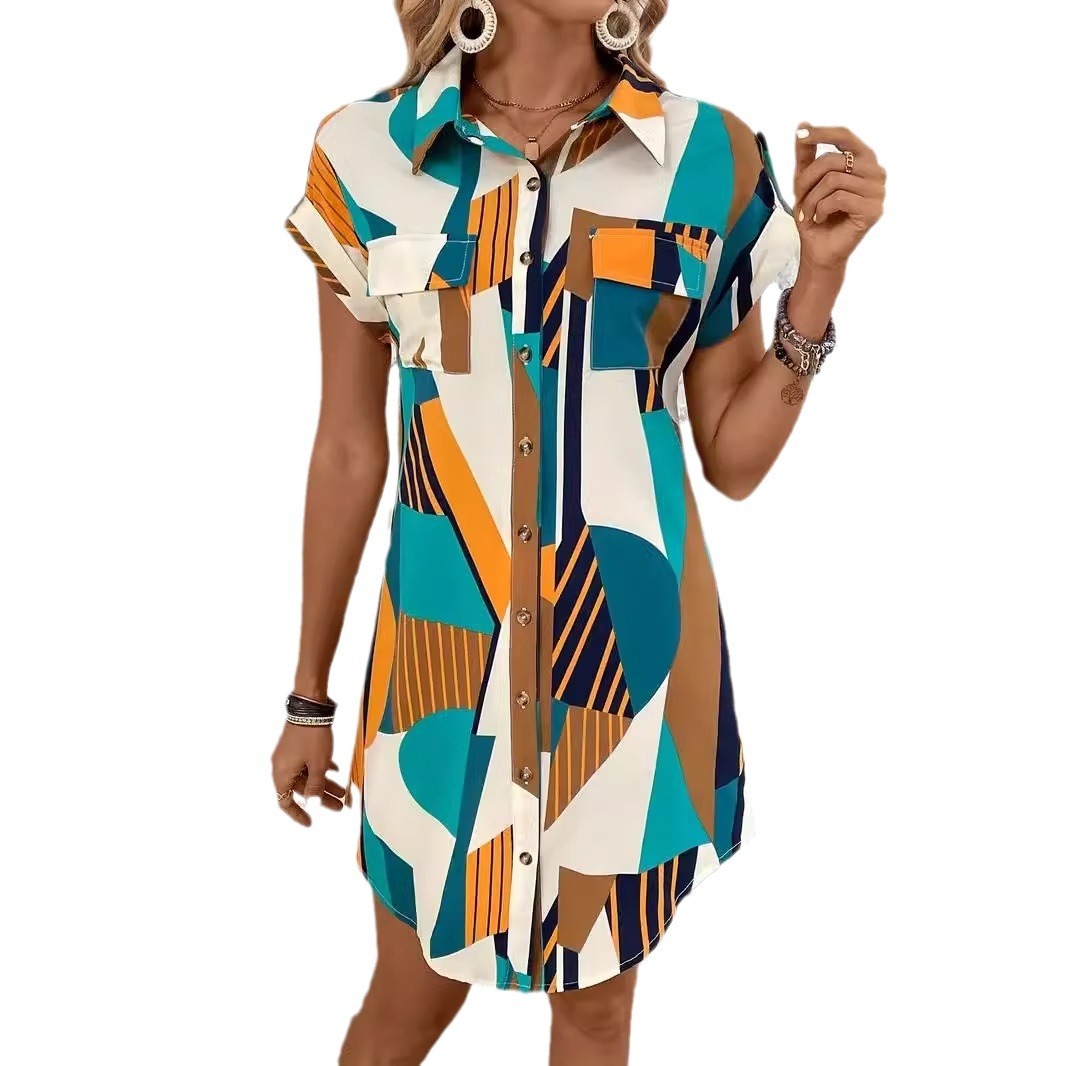 Geometric Printed Shirt Short Dress Women