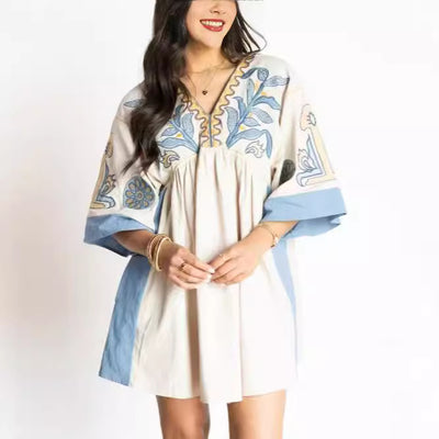 Women's Floral Printed 34 Sleeves V-neck Dress