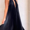 Black V-Neck Pressed Pleated Dress