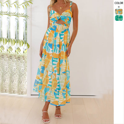 Fashion Printed Spaghetti Straps Sleeveless Long Dress