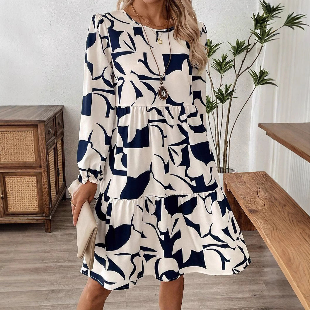 Printed Round Neck Long Sleeve Commuter Dress