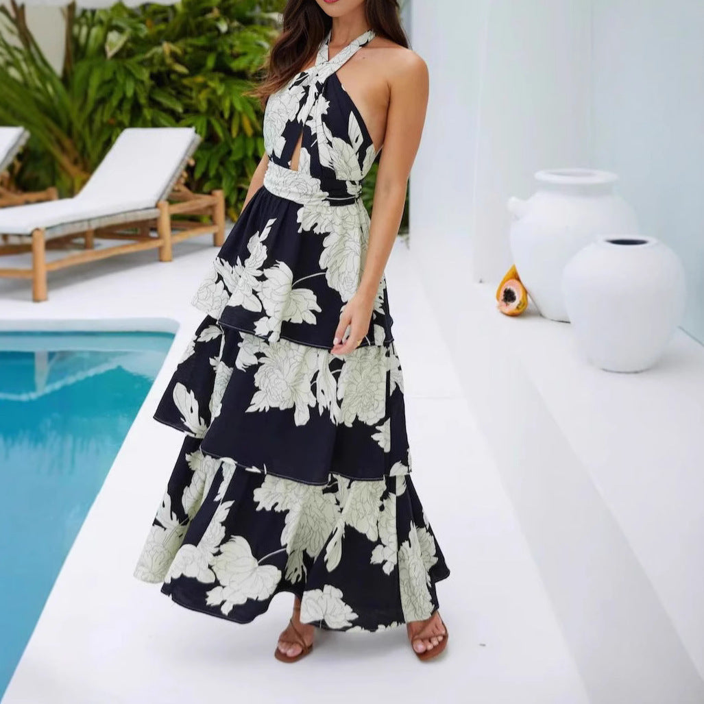 Sexy Print Cake Dress Lace-up Long Dress