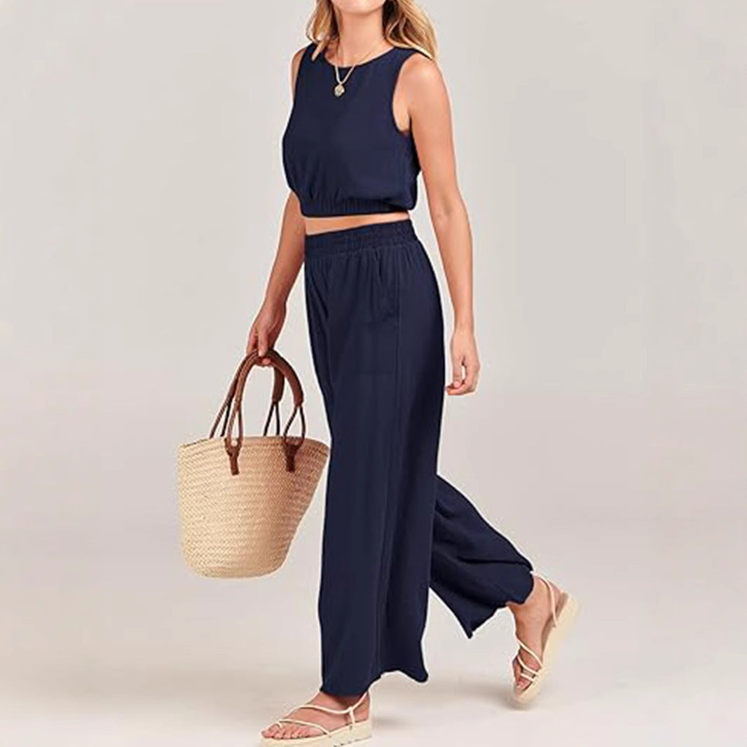 Casual Round Neck Sleeveless Elastic Lower Hem High Waist Wide Leg Two-piece Set