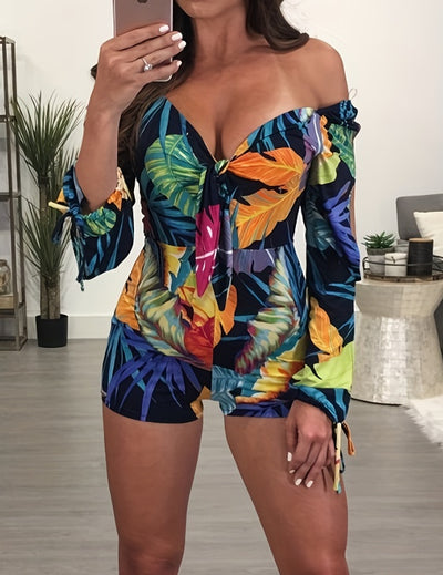 Ladies' Long Sleeved Vacation Elegant And Fashionable Plant Printed Cuffs With Drawstring Design, Chest Strap, Jumpsuit