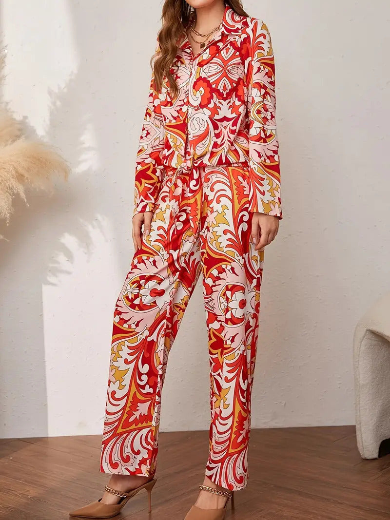 Ethnic Geometric Long Sleeve Shirt Trousers Suit