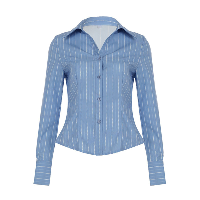 Striped Lapel Shirt European And American Fashion Women's Slim Top