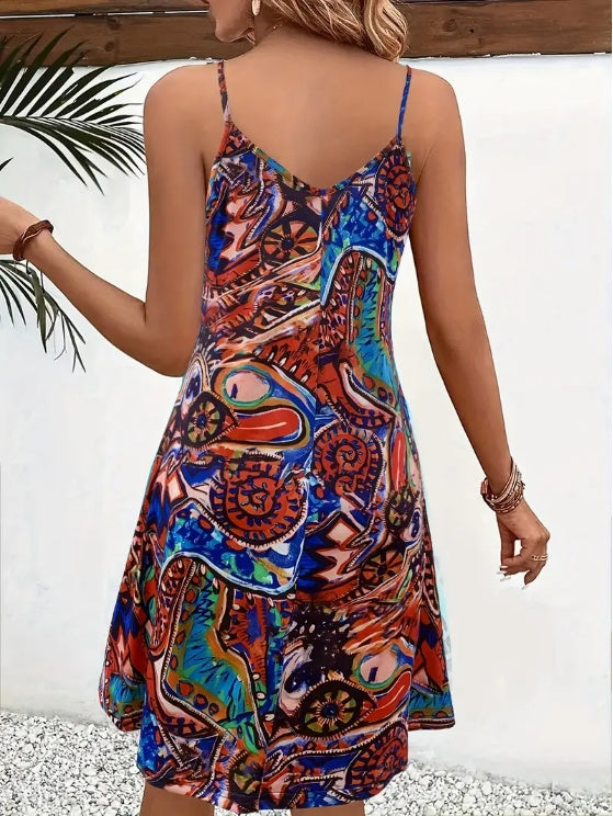 Graffiti Print V Neck Cami Dress, Vacation Sleeveless Loose Cami Dress, Women's Clothing