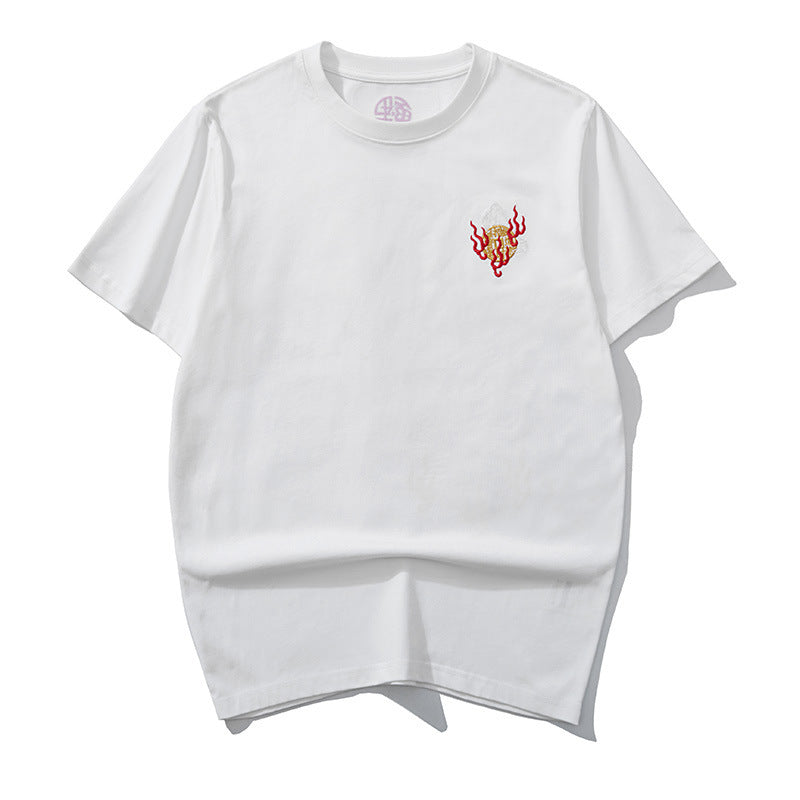 Embroidered Dragon Pattern Round Neck Cotton Top