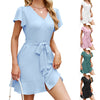 Solid Color And V-neck Belt Button Cardigan Short Sleeve Dress