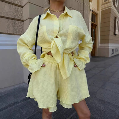 Long Sleeve Ruffled Shirt Double Layer Casual Shorts Suit