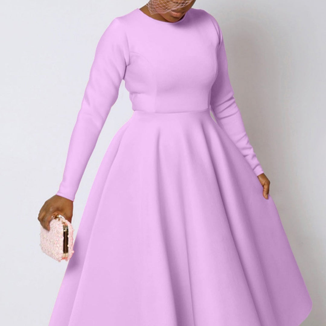 Casual Solid Color Long Sleeve Round Neck Large Swing Dress