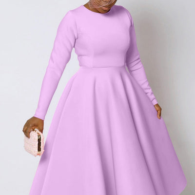 Casual Solid Color Long Sleeve Round Neck Large Swing Dress