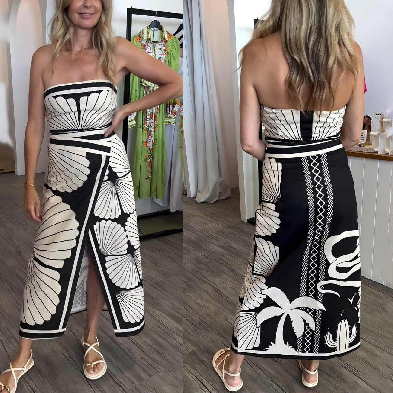 Sexy Shell Print Tube Top Backless Split Dress