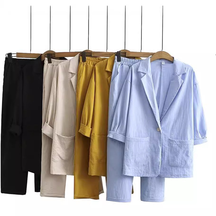 Women's Cotton Linen Coat Pants Fall Loose Fashion Suit