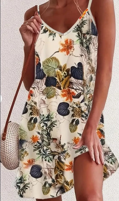 Summer Vintage Floral Print Spaghetti Suspender Dress For Women, Shoulder-Baring